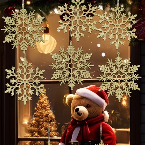 6pcs Large Gold Snowflakes Ornaments 12" Big Plastic Glitter Snowflake for Winter Indoor Outdoor Christmas Tree Window Room Decorations Giant Craft Snowflakes (6 Count)