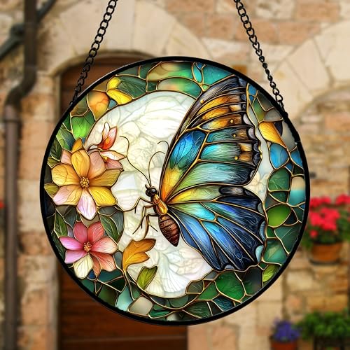 Green Butterfly Flower Stained Glass Window Hanging Suncatcher Gifts 9.8"
