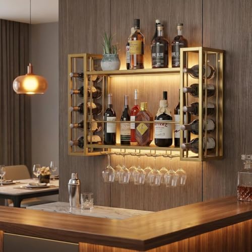 40" Wall Mounted Wine Rack with LED Lights & Wine Glass Rack