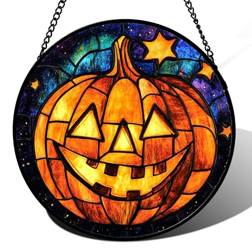 Stained Glass Window Hanging Halloween Horror Golden Pumpkin 15"