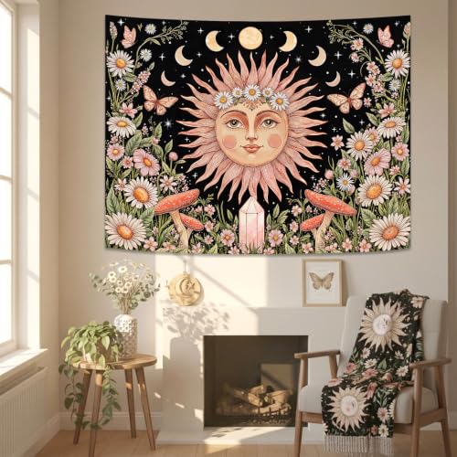 Boho Pink Sun Moon Phase Daisy Flower Floral Tapestry 48 x 36 Inch