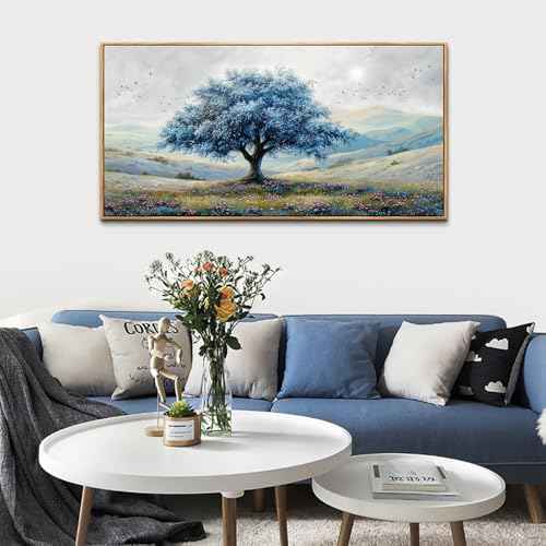 Large Wood Framed Wall Decor For Living Room Canvas Wall Art For Office Modern Wall Decorations For Bedroom Blue Tree Landscape Painting Farmhouse Pictures Artwork Home Decor 24x48 In
