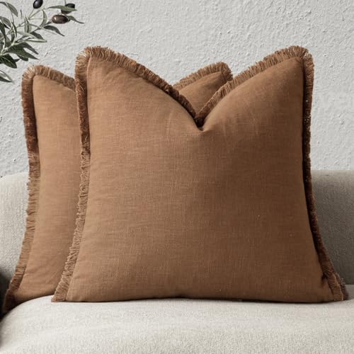 Decorative Linen Fringe Throw Pillow Covers 20×20 Orange Brown (2 Count)