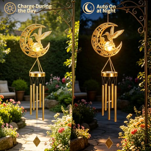 Solar Wind Chimes for Outside Hummingbird Gifts for Women Mom Grandma Sister Crackle Glass Ball Wind Chimes Solar Lights Outdoor Decor for Garden Backyard Patio Yard Porch