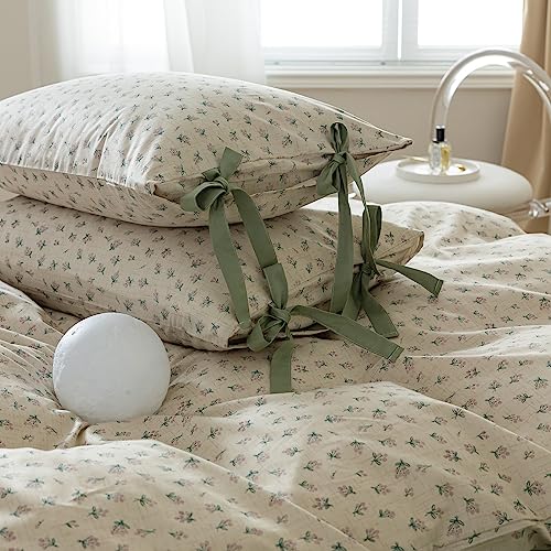 Full Comforter Set Vintage Green Floral Bedding Comforter Boho Flower Cottagecore Comforter with 2 Bow Ties Pillowcases Fluffy Lightweight Bedding Farmhouse Botanical Comforter Set (3 Count)