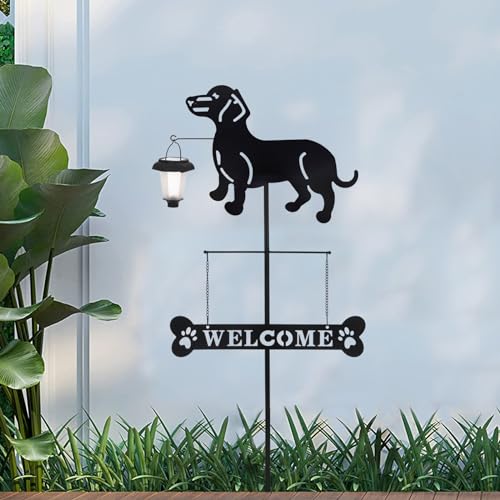 Solar Dachshund Silhouette Dog Breed Welcome Sign with a Lantern