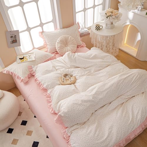 Pink Flower Comforter Set Full Vintage Coquette Bedding Comforter Cottagecore Floral Comforter Set with Elegant Ruffles Soft Fluffy Lightweight Botanical Bedding Set for Girls Women