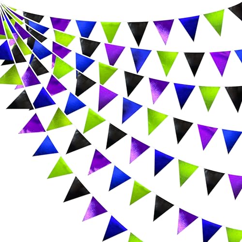 Video Game Party Decorations Black Blue Green Purple Metallic Fabric Triangle Pennant Banner Flag Bunting for Men Boys Birthday Graduations Retirement Wedding Bachelorette Video Game Party Supplies (32 Foot)