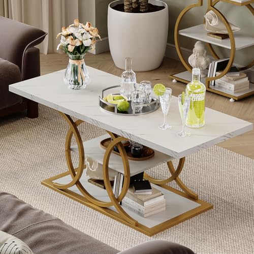 Rustic Coffee Table with Storage Modern 3 Tier Center Living Room Table Faux Marble Wooden Rectangle Cocktail Tea Table for Office Bedroom Elegant Full Moon Design