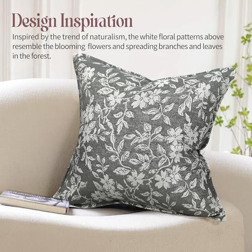 Gray Floral Pillow Covers 18x18 Pack of 2 Vintage Farmhouse Jacquard Decorative Throw Pillow Covers for Living Room Couch Bed Home Decor (2 Count)