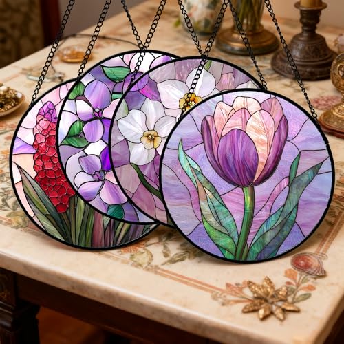 Stained Glass Window Hanging 4 Pcs Set Purple Flower Theme Large 11.8"