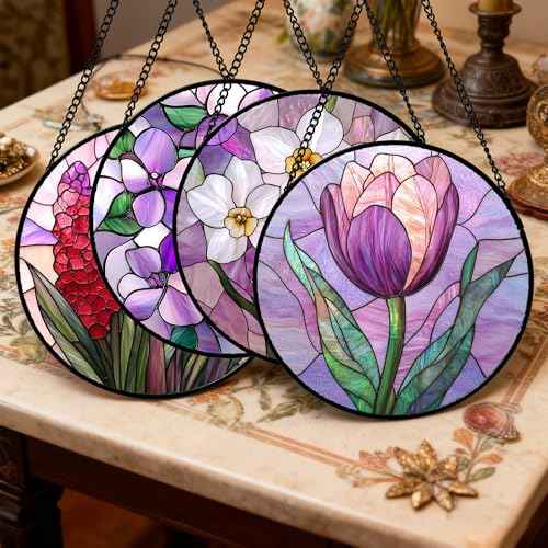 Stained Glass Window Hanging 4 Pcs Set Purple Flower Theme Large 15"