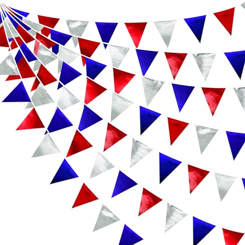 Red Blue Silver Party Decorations Metallic Fabric Triangle Pennant Banner Flag Bunting Garland for Graduations 4th of July American USA National Day Patriotic Veterans Birthday Outdoor Party Supplies (32 Foot)