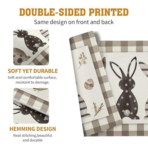 Easter Bunny Buffalo Plaid Placemats Set of 4 Rabbit Spring Egg Dining Table Placemats 12x18 Inch Check Brown White Heat Resistant Washable Table Mats for Kitchen Dining Holiday Indoor (4 Count)