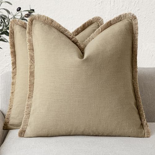 Decorative Linen Fringe Throw Pillow Covers 16×16 Light Khaki (2 Count)