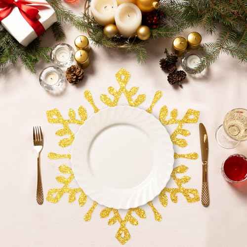 60Pcs Christmas Snowflake Paper Placemat Disposable Gold Glitter Snowflake Shaped Dining Table Setting for Winter Xmas Holiday Wedding Birthday Party Kitchen (60 Count)