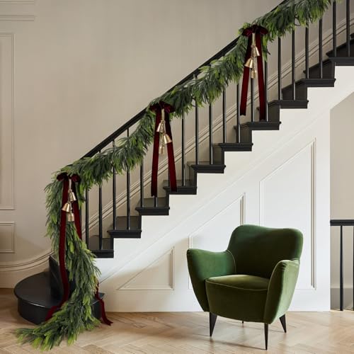 9FT Christmas Norfolk Pine Garland Real Touch Artificial Greenery Garlands Faux Winter Garland for Mantle Fireplace Table Stair Front Door Indoor Outdoor Holiday Xmas Decorations