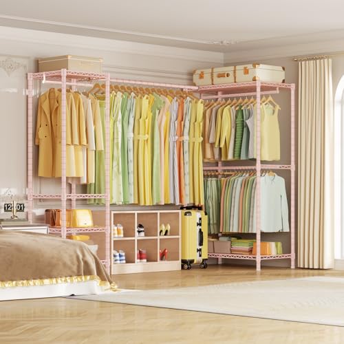 E10L L Shaped Clothes Rack for Corner（With Expandable Hanger Rod）Heavy Duty Freestanding Clothing Racks for Hanging Clothes