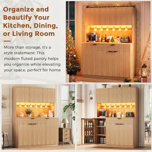 Fluted Kitchen Pantry Storage Cabinet with Charging Station & LED Lights