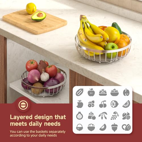 2 Tier Fruit Bowl for Kitchen Counter with Banana Hangers
