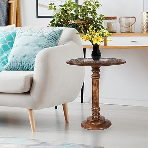 Lightnpro Hand‑Carved Round Pillar Mango Wood Accent Table 18x22 Inch Burnt Finish