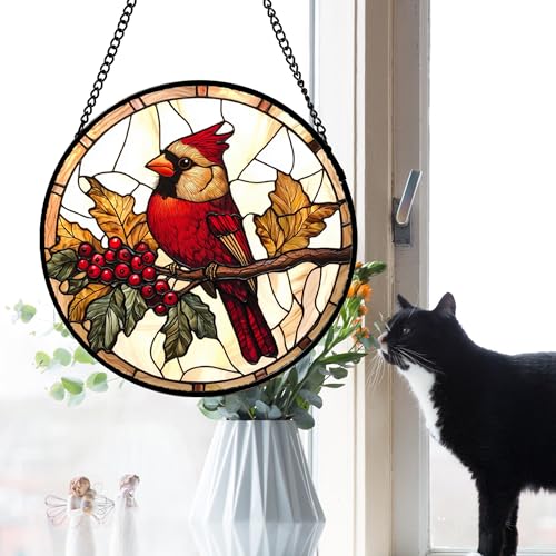 Festive Cardinal Berry Stained Glass Window Hanging Suncatcher Gifts 15"
