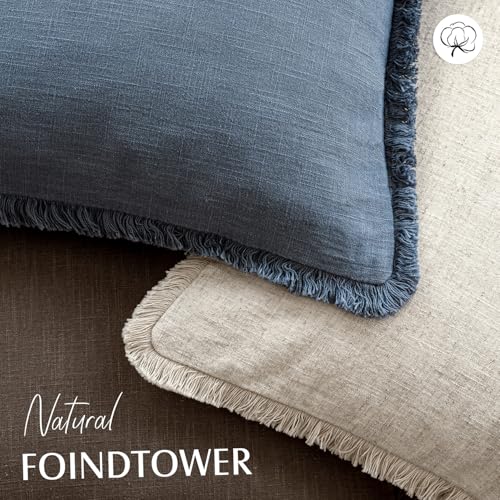 Boho Linen Fringe Lumbar Throw Pillow Covers 12×20 Dark Blue (2 Count)