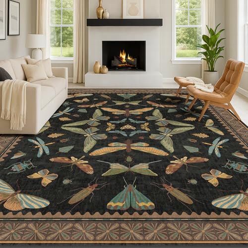 Black Washable Insect Area Rugs 8x10 for Living Room (80 Sq Ft)