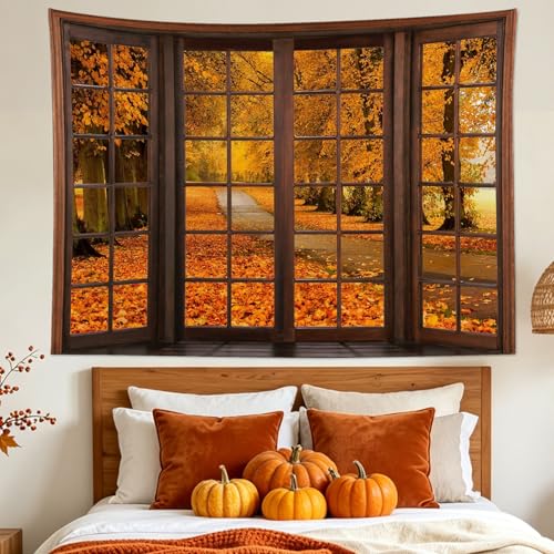 Fall Forest Window Tapestry for Bedroom Autumn Maple Tree with Orange Leaves Tapestry Wall Hanging Rustic Vintage Wall Decor for Living Room