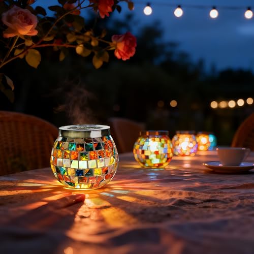 6 Pack Gift for her him Landscape Lighting Path Lights Heavy Solar Mosaic Lantern with RGB Color (6 Count)