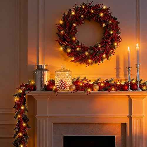 2 Pack 8.9FT Christmas Red Berry Garland with String Lights (2 Count)