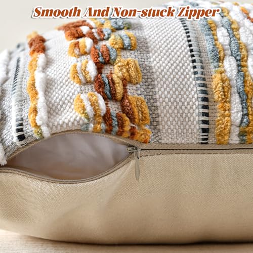 Set of 2 Chenille Striped Textured Boho Throw Pillow Covers Aesthetic with Tassels Woven Decorative Pillow Case for Couch Bed Sofa Bedroom Modern Funky 18 x 18 (2 Count)