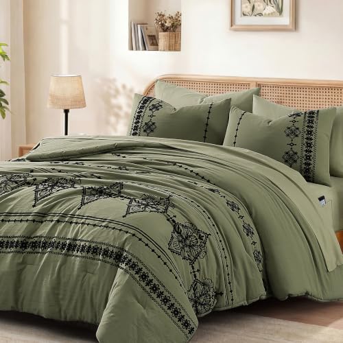 Queen Comforter Set Embroidery Floral 7 Pieces Bed in a Bag