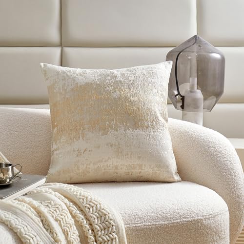 Cream Champagne Metallic Jacquard Throw Pillow Cover 18x18 Velvet Back Modern Glam Sofa Decor