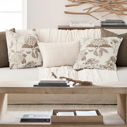 Set of 2 Linen Floral Throw Pillow Covers Neutral Vintage Print Decorative Cushion Covers Farmhouse Boho Home Decor for Sofa Chair Couch Bedroom Living Room (2 Count)