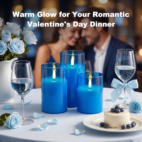 Blue Glass Flameless LED Candles Battery Operated with Remote Timer (3 Count)