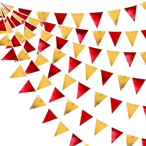 Red Gold Party Decorations Metallic Fabric Triangle Pennant Banner Flag Bunting Garland for Graduation Birthday Wedding Bachelorette Anniversary Baby Shower Christmas Holiday New Year Party Supplies (36 Count)