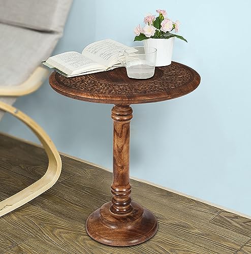 Lightnpro Hand‑Carved Round Pillar Mango Wood Accent Table 18x22 Inch Burnt Finish
