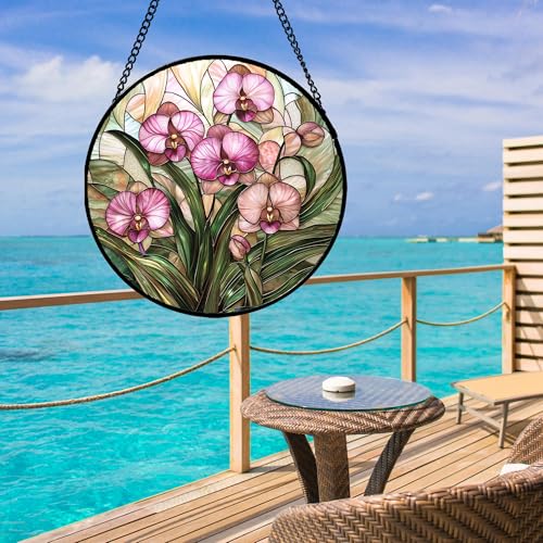 Phalaenopsis Orchid Stained Glass Window Hanging Decor Gifts for Women 7.8"