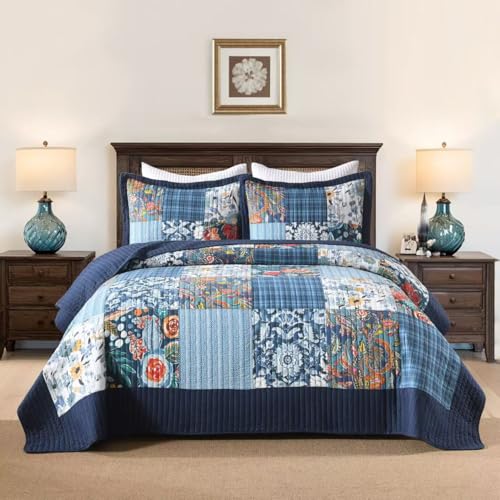 Cotton Bedspread Luxury Vintage Floral Patchwork Quilt Blue Bedding Sets