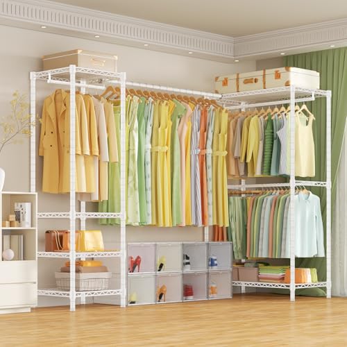 E10L L Shaped Clothes Rack for Corner（With Expandable Hanger Rod）Heavy Duty Freestanding Clothing Racks for Hanging Clothes