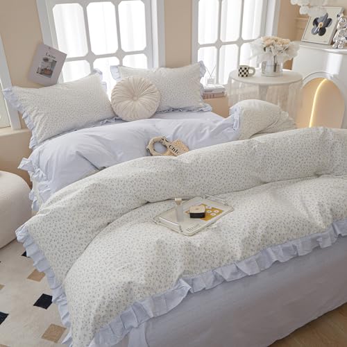 Twin XL Comforter Set Blue Floral Bedding Comforter Fluffy Soft Microfiber Cottagecore Bedding Set Floral Ruffle Comforter with 2 Pillowcases Cute Flower Botanical Comforter Set for Teen Girls (3 Piece Set)