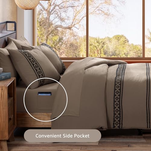 Embroidery King Size Comforter Set 7 Pieces Taupe Grey Bed in a Bag