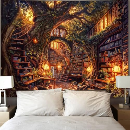 Forest Library Tapestry Tree Bookshelf Tapestries Wall Hanging Vintage Fantasy Fairy Treehouse Book Extra Large Tapestry for Bedroom Living Room Dorm Classroom 90 x 68 inch