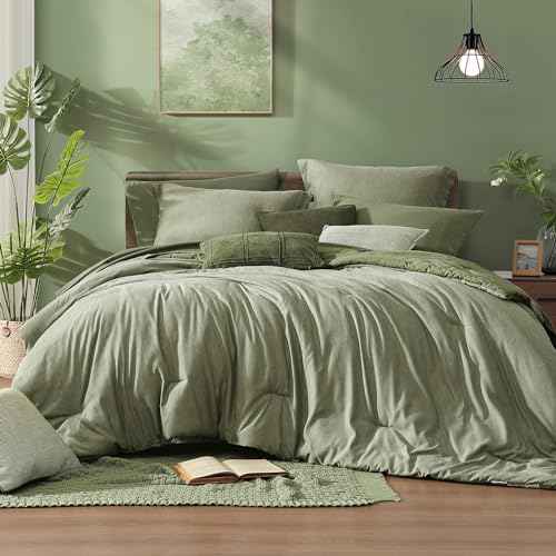 Oversized Queen Comforter Set Sage Green 7 Pieces Bed in a Bag