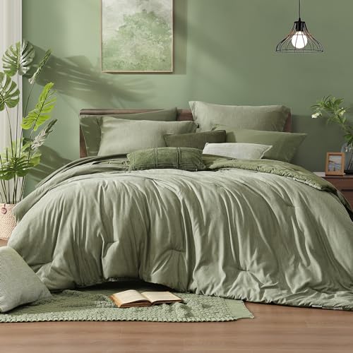 Queen Comforter Set Sage Green 7 Pieces Cationic Dyeing Bed in a Bag