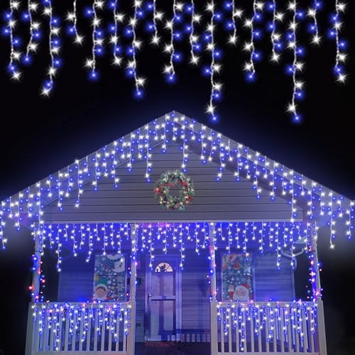 1200 LED Icicle Lights Blue and White (99 Foot)