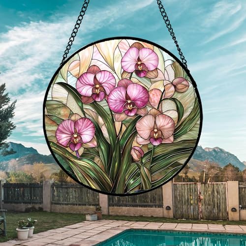 Phalaenopsis Orchid Stained Glass Window Hanging Decor Gifts for Women 7.8"
