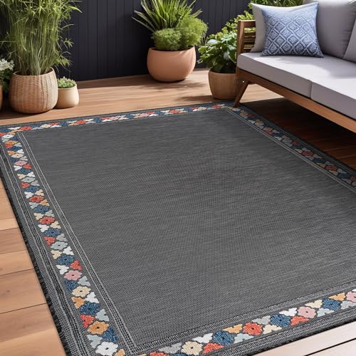 Outdoor Rug 8x10 Modern Bordered Area Rugs for Indoor and Outdoor Patio Easy to Clean Non Shedding Living Room Porch Garden Washable Outside Carpet