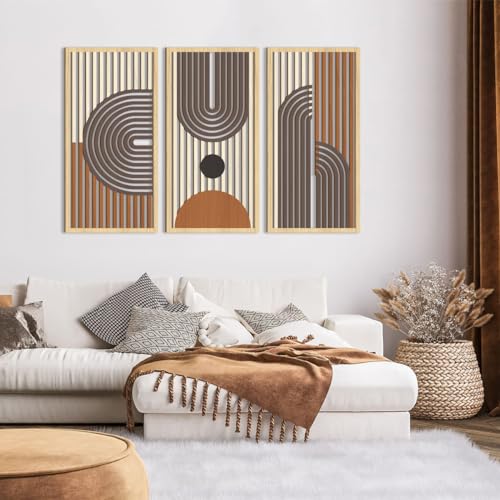 Mid Century Modern Decor 16x32 Inch Large Boho Wood Wall Art Abstract Wooden Wall Decor Minimalist Bohemian Orange Artwork for Living Room Bedroom Office Set of 3 (3 Count)